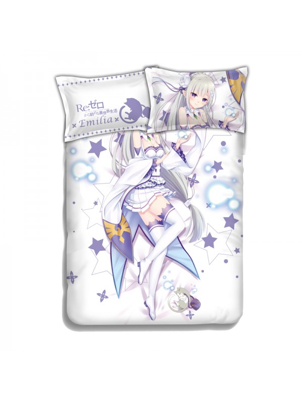 Emilia - Re Zero Anime 4 Pieces Bedding Sets,Bed Sheet Duvet Cover with Pillow Covers