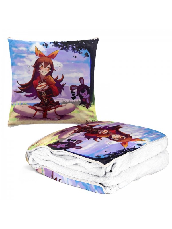 Fashion Anime 2 IN 1 Travel Blanket And Pillow Set Genshin Impact Amber 38x38/150x180