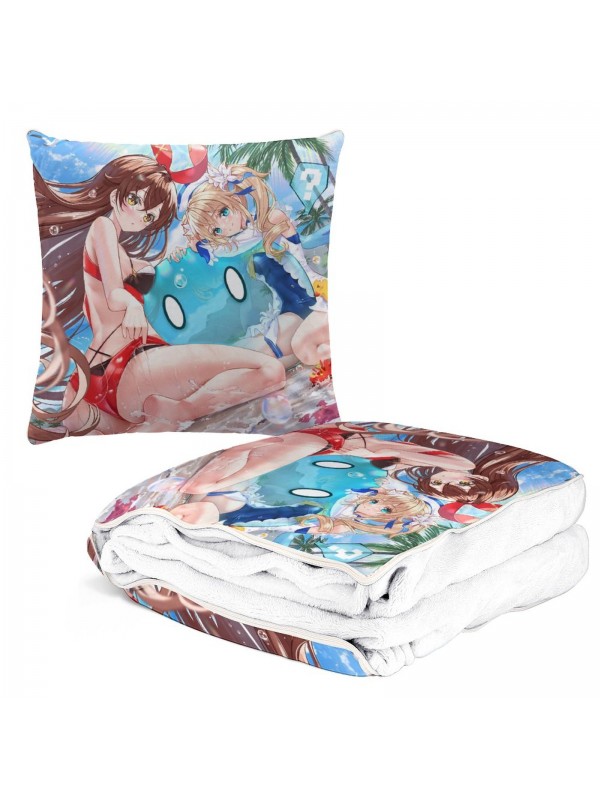 New Anime 2 IN 1 Travel Blanket And Pillow Set Genshin Impact Amber 38x38/150x180